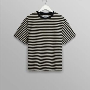 Wax London Dean - Navy/Ecru Striped Textured Organic Cotton T-Shirt